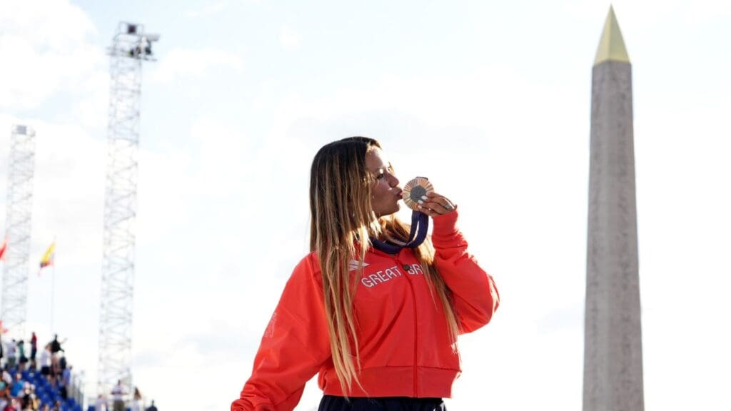 Aug 6, 2024; Paris, France; Sky Brown (GBR) celebrates winning the silver medal in the women’s skateboarding park finals during the Paris 2024 Olympic Summer Games at La Concorde 4