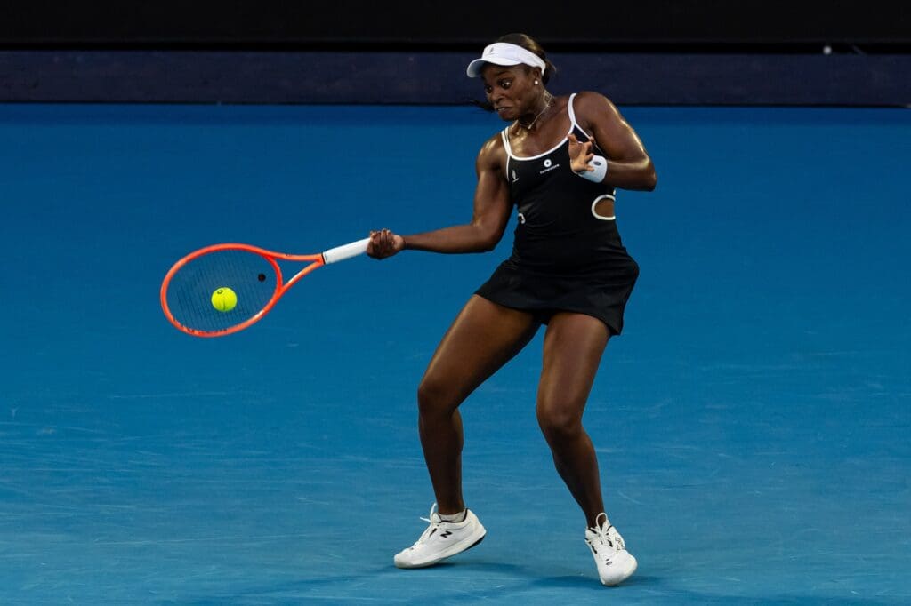 Jan 12, 2025; Melbourne, Victoria, Australia; Sloane Stephens of United States of America hits a forehand during her match against Aryna Sabalenka in the first round of the women's singles at the 2025 Australian Open at Melbourne Park.
