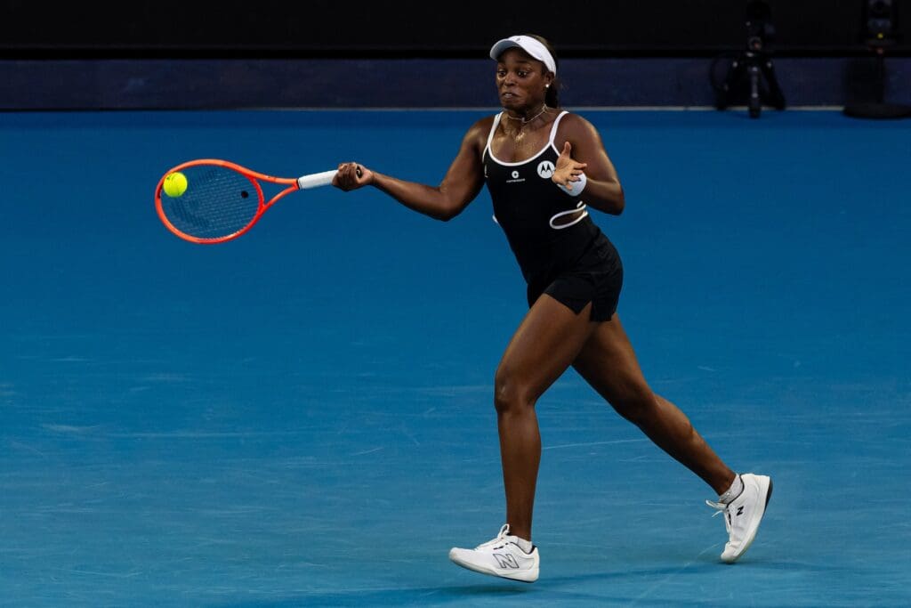 Jan 12, 2025; Melbourne, Victoria, Australia; Sloane Stephens of United States of America hits a forehand during her match against Aryna Sabalenka in the first round of the women's singles at the 2025 Australian Open at Melbourne Park.