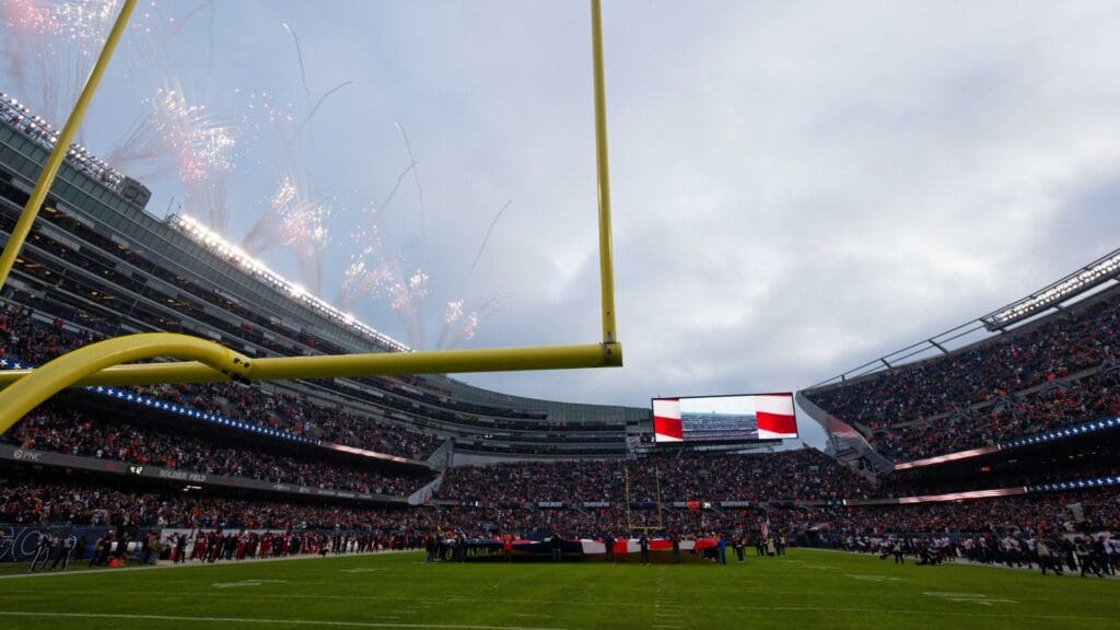Dec 24, 2023; Chicago, Illinois, USA; A general view during the U.S. National Anthem before a NFL game between the Chicago Bears and the Arizona Cardinals at Soldier Field.