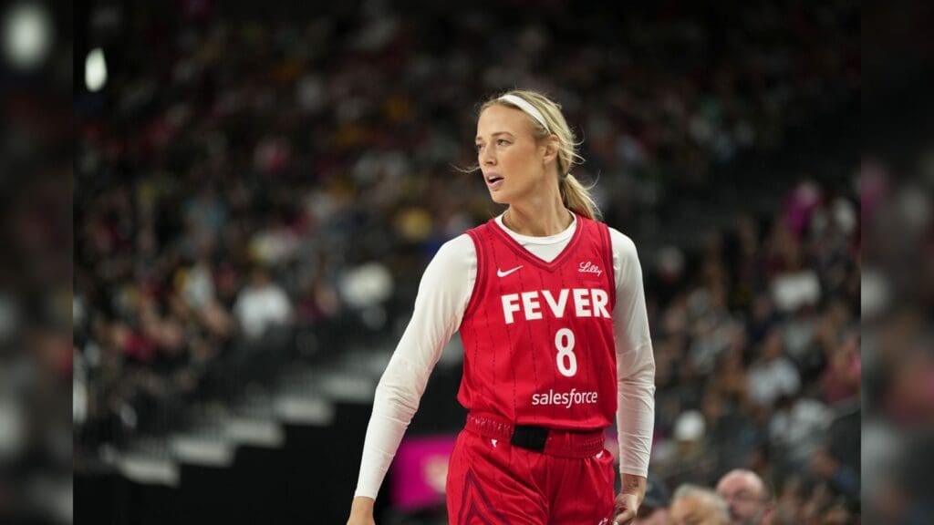 Jun 22, 2025; Las Vegas, Nevada, USA; Indiana Fever guard Sophie Cunningham (8) during the first half of a WNBA basketball game against the Las Vegas Aces at T-Mobile Arena.