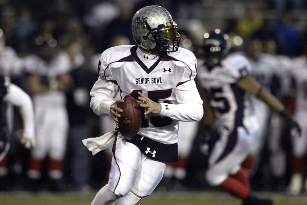 Jan 26, 2008; Mobile, AL USA; South squad quarterback Colt Brennan (15) of Hawaii scrambles for yardage during the second half of the Senior Bowl at Lad-Peebles Stadium in Mobile, Ala. The South squad beat the North squad 17-16.