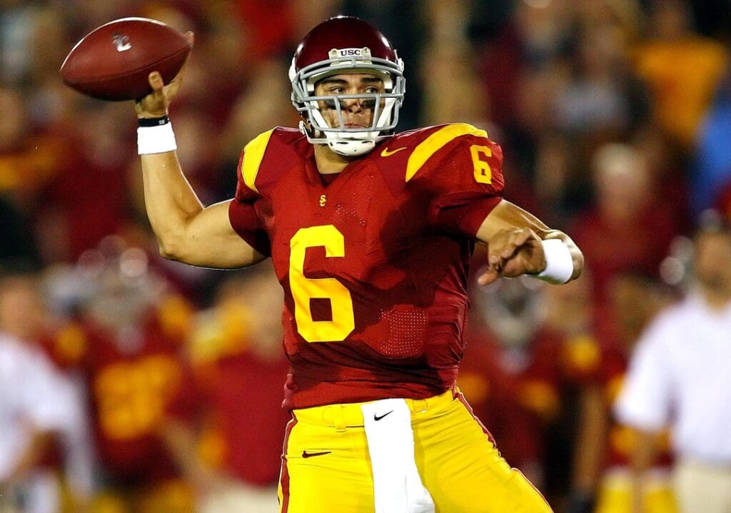 November 29, 2008; Los Angeles, CA, USA; Southern California Trojans quarterback Mark Sanchez (6) rolls out to pass against the Notre Dame Fighting Irish in the first half at the Los Angeles Memorial Coliseum.