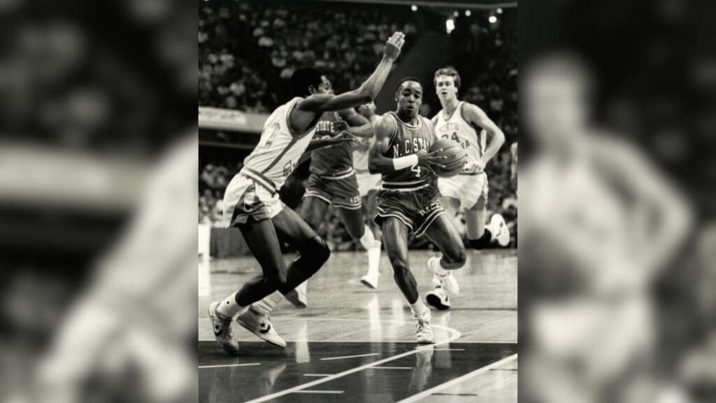 Unknown date & location, USA: FILE PHOTO; North Carolina State Wolfpack guard Spud Webb (4) in action against the North Carolina Tar Heels.