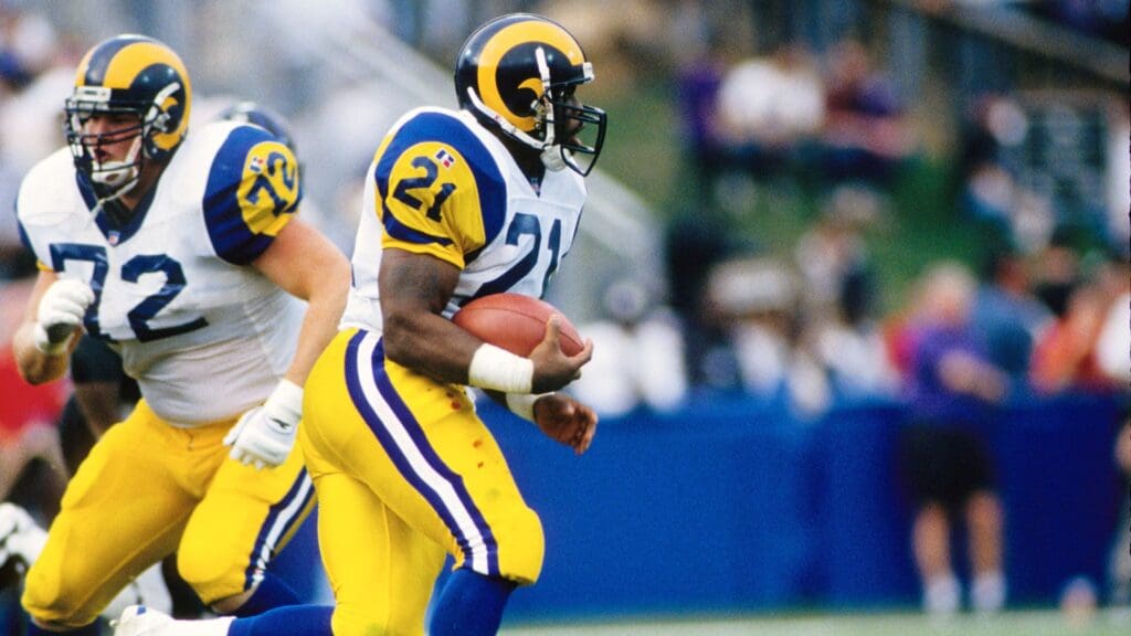 1996; Unknown location, USA; FILE PHOTO; St Louis Rams running back Lawrence Phillips (21) in action during the 1996 season.