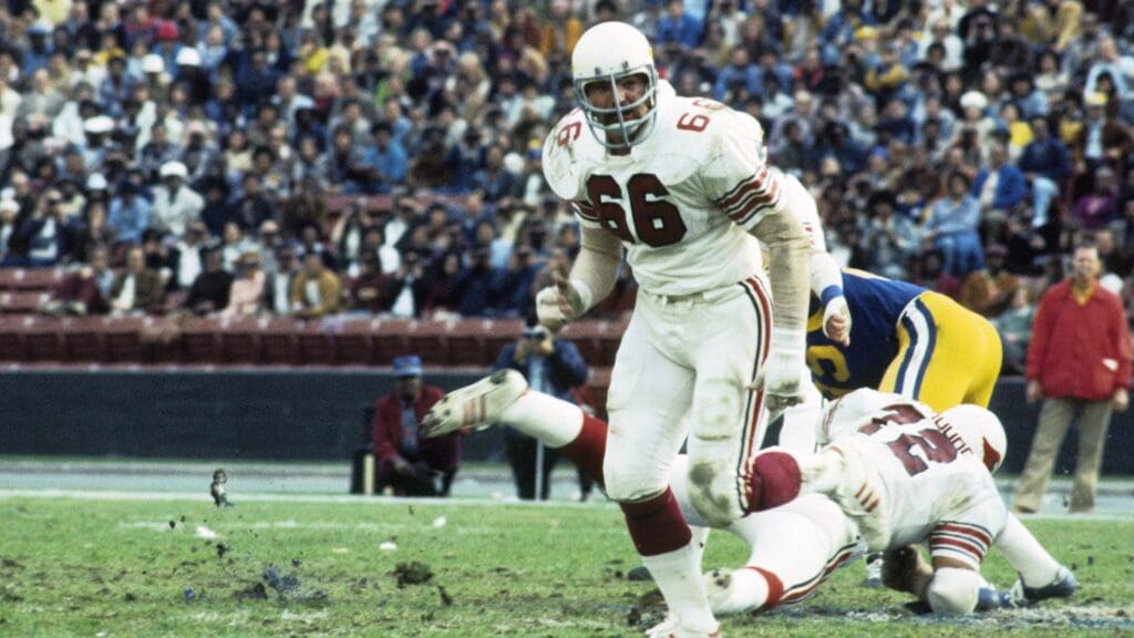 Dec 27, 1975; Los Angeles, CA, USA; FILE PHOTO; St. Louis Cardinals guard Conrad Dobler (66) in action against the Los Angeles Rams during the NFC Divisional Playoff Game at Los Angeles Memorial Coliseum. The Rams won 35-23.