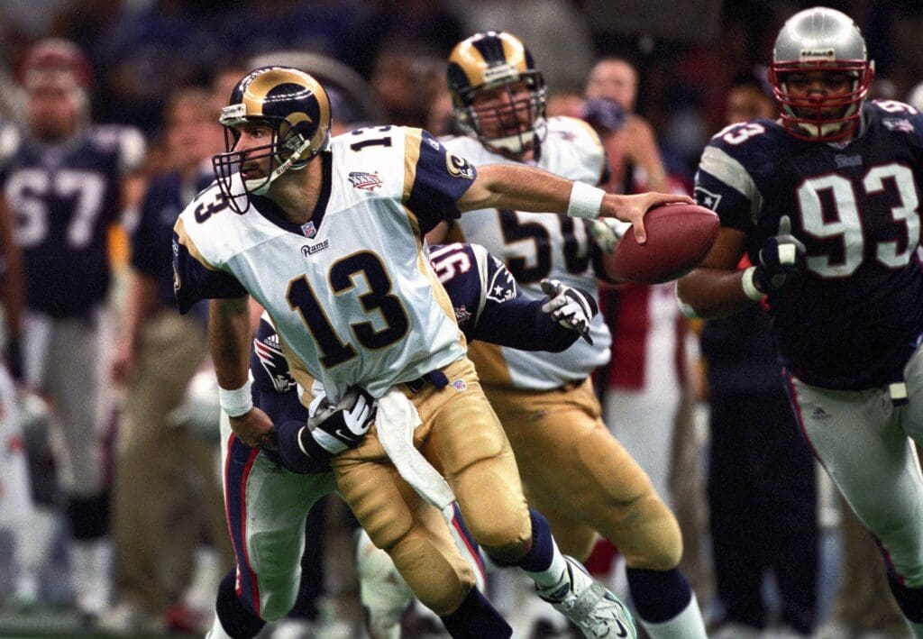 Feb 3, 2002; New Orleans, LA, USA; St. Louis Rams quarterback Kurt Warner in action against the New England Patriots during Super Bowl XXXVI at the Louisiana Superdome. The Patriots defeated the Rams 20-17.