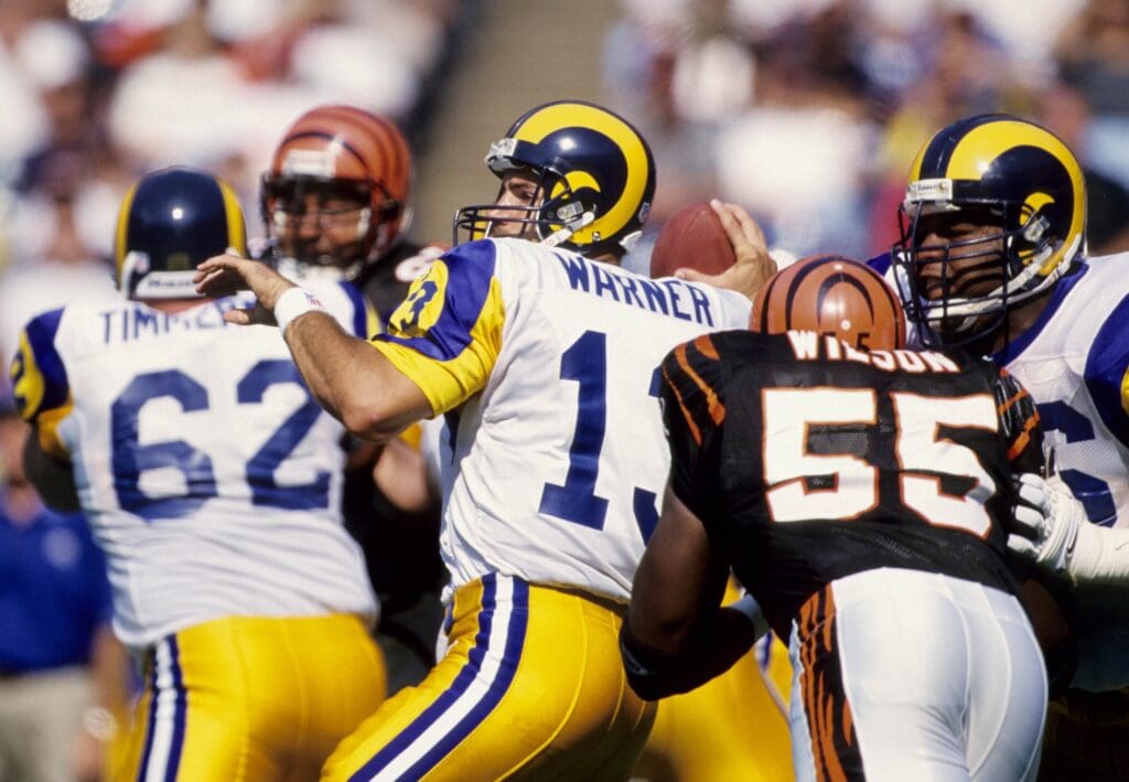 Oct 3, 1999; Cincinnati, OH, USA; FILE PHOTO; St. Louis Rams quarterback Kurt Warner (13) looking to throw against the Cincinnati Bengals during the 1999 season at Riverfront stadium.
