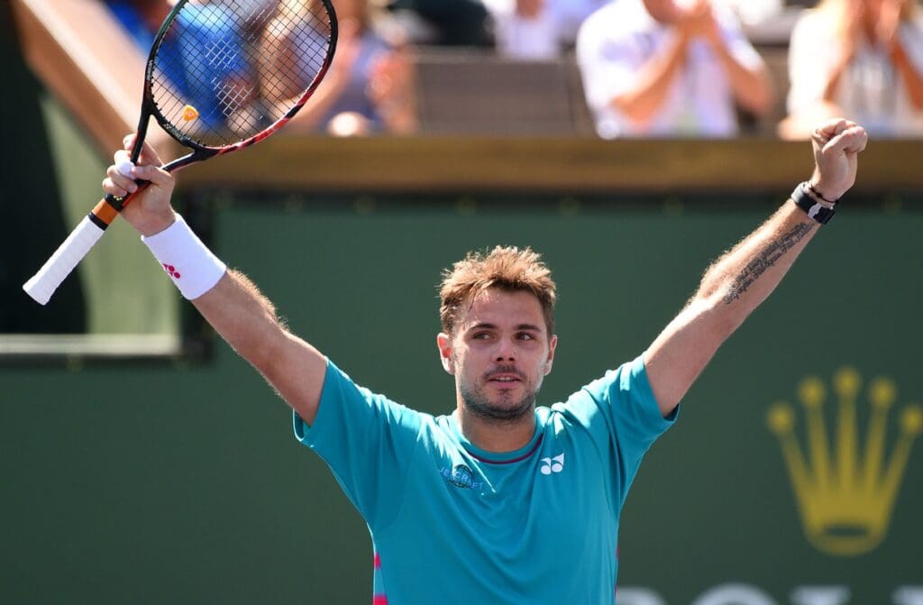 Mar 18, 2017; Indian Wells, CA, USA; Stan Wawrinka (SUI) raises his arms after defeating Pablo Carreno Busta (not pictured) in his semi-final in the BNP Paribas Open at the Indian Wells Tennis Garden.