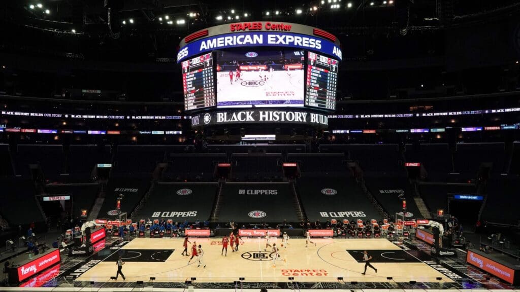 Feb 15, 2021; Los Angeles, California, USA; A general view of the empty Staples Center with no fans during the NBA game between the Miami Heat and the LA Clippers