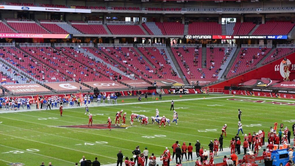 Nov 15, 2020; Glendale, Arizona, USA; A general view of game action during the first half of the game between the Arizona Cardinals and the Buffalo Bills at State Farm Stadium.