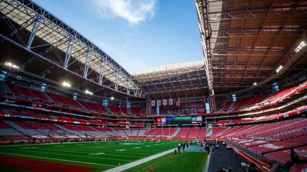 Jan 3, 2021; Glendale, Arizona, USA; Overall view of State Farm Stadium without fans during the San Francisco 49ers game against the Seattle Seahawks. The 49ers are using the Arizona Cardinals stadium as their temporary home due to COVID-19 restrictions in California