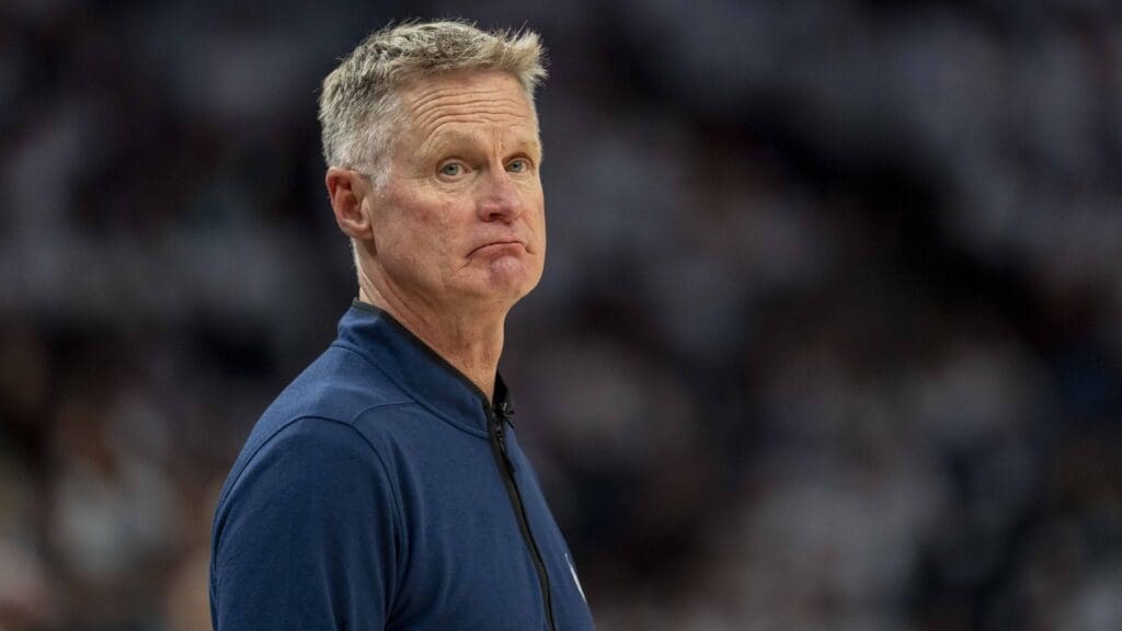 May 14, 2025; Minneapolis, Minnesota, USA; Golden State Warriors head coach Steve Kerr looks on against the Minnesota Timberwolves in the second half during game five of the second round for the 2025 NBA Playoffs at Target Center