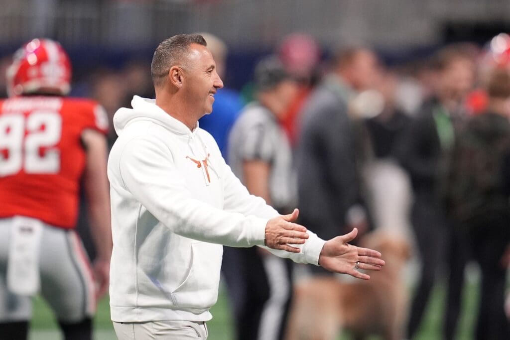 Dec 7, 2024; Atlanta, GA, USA; Texas Longhorns head coach Steve Sarkisian before the 2024 SEC Championship game against the Georgia Bulldogs at Mercedes-Benz Stadium.