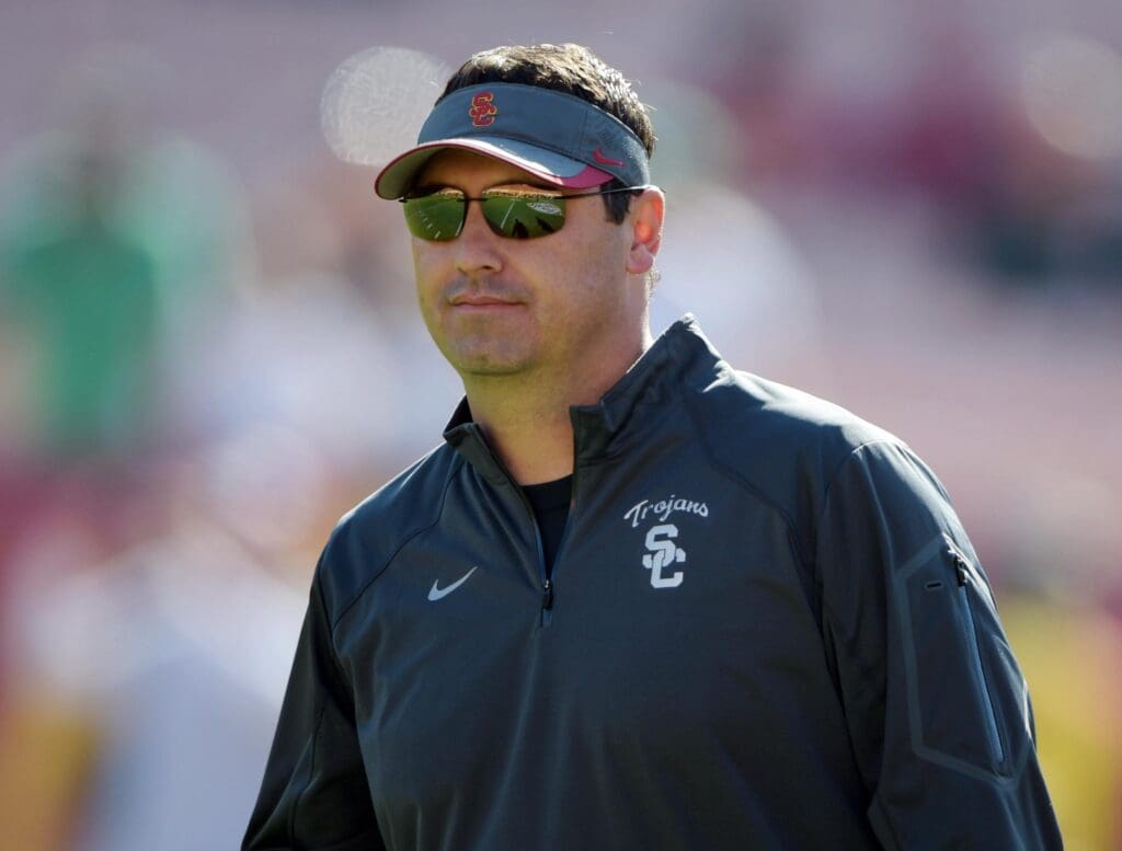 Nov 29, 2014; Los Angeles, CA, USA; Southern California Trojans coach Steve Sarkisian before the game against the Notre Dame Fighting Irish at Los Angeles Memorial Coliseum.