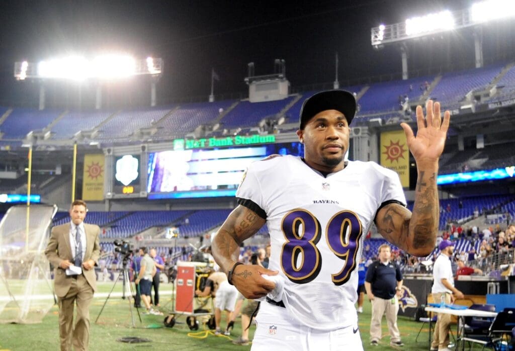 Aug 7, 2014; Baltimore, MD, USA; Baltimore Ravens wide receiver Steve Smith, Sr. (89) waves to fans after beating the San Francisco 49ers 23-3 at M&T Bank Stadium.