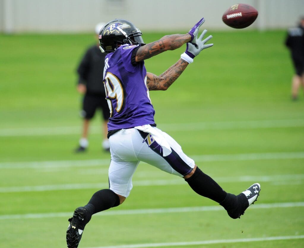 Jun 19, 2014; Baltimore, MD, USA; Baltimore Ravens wide receiver Steve Smith, Sr. (89) catches a pass during minicamp at the Under Armour Performance Center