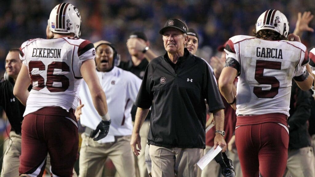 Nov 13, 2010; Gainesville, FL, USA; South Carolina Gamecocks head coach Steve Spurrier reacts during the second half of the game against the Florida Gators at Ben Hill Griffin Stadium. South Carolina won 36-14.