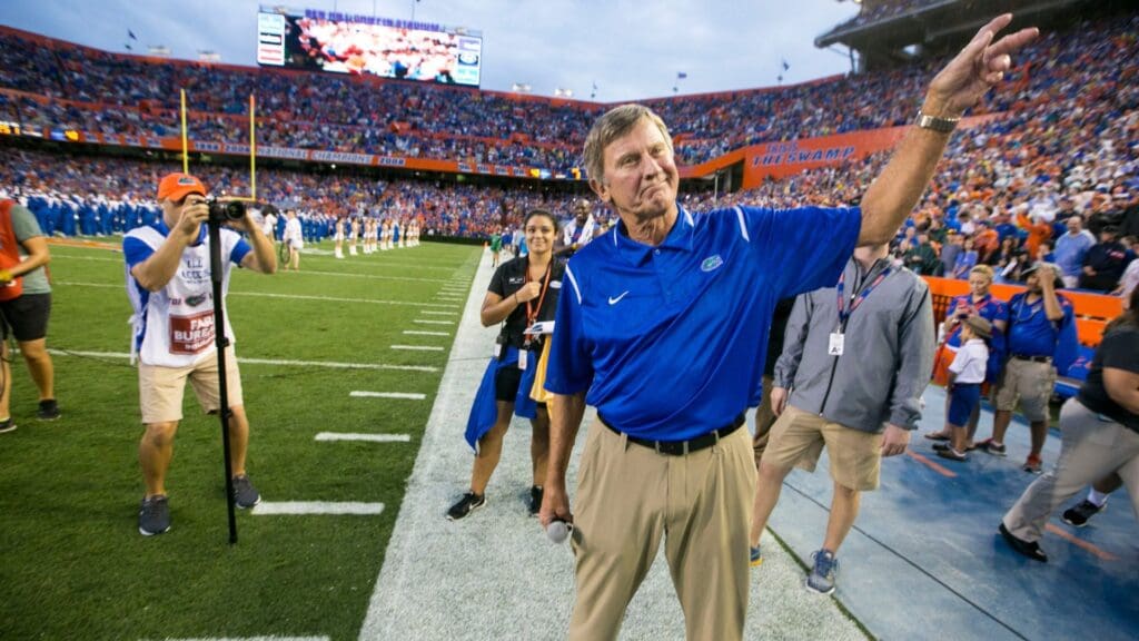 Ambassador Steve Spurrier waves to the crowd before Saturday September 3, 2016 game between the Florida Gators and the Massachusetts Minutemen at Ben Hill Griffin Stadium at the University of Florida in Gainesville, Florida. The Gators lead 10-7 at the half