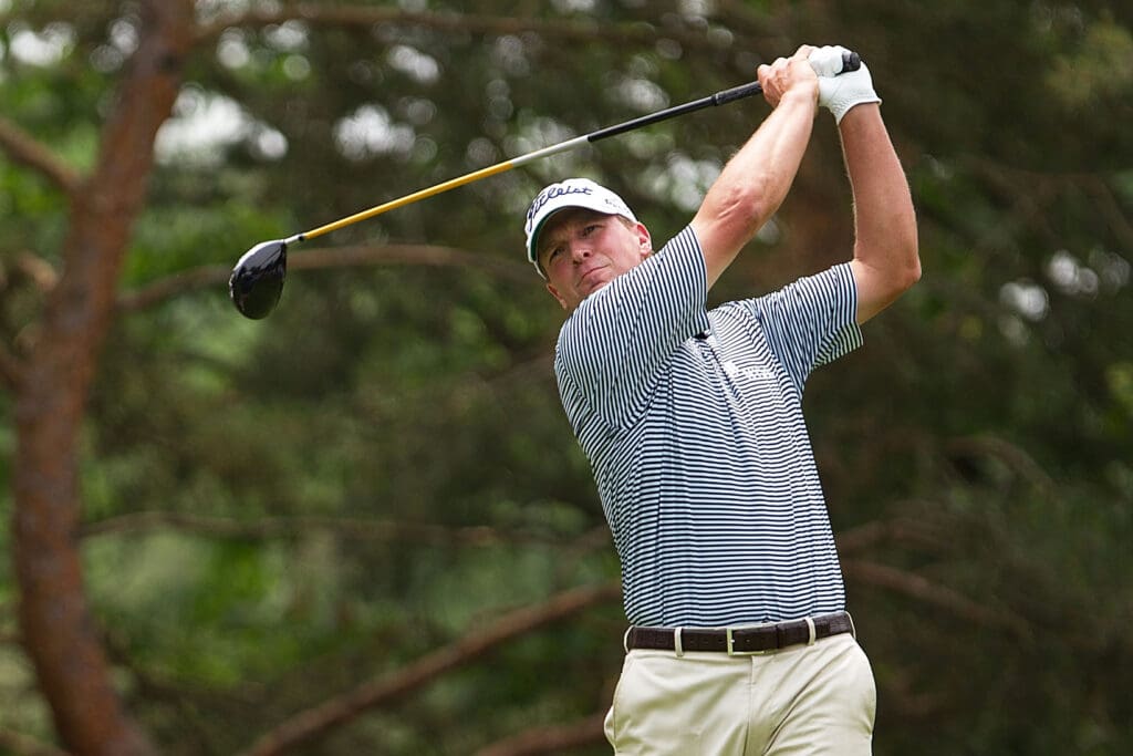 Jun 5, 2011; Dublin, OH, USA; Steve Stricker with his drive on the second during the final round of the Memorial Tournament at Muirfield Village GC.
