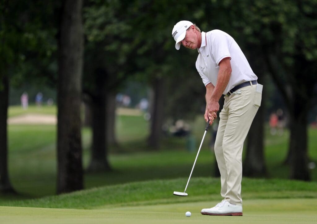 Steve Stricker putts on the eighth hole during the final round of the Kaulig Companies Championship golf tournament at Firestone Country Club, Sunday, July 14, 2024, in Akron, Ohio.
