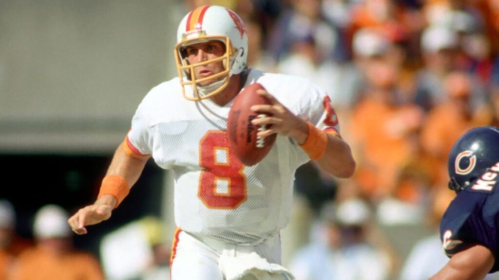 Nov 9, 1986; Tampa, FL, USA; FILE PHOTO; Tampa Bay Buccaneers quarterback Steve Young (8) in action against the Chicago Bears at Tampa Stadium. The Bears defeated the Bucs 23-3