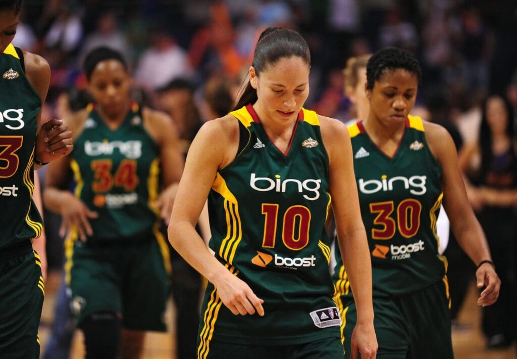 Sep 17, 2011; Phoenix, AZ, USA; Seattle Storm guard Sue Bird (10) and teammates react after losing against the Phoenix Mercury at the US Airways Center. The Mercury defeated the Storm 92 - 83.