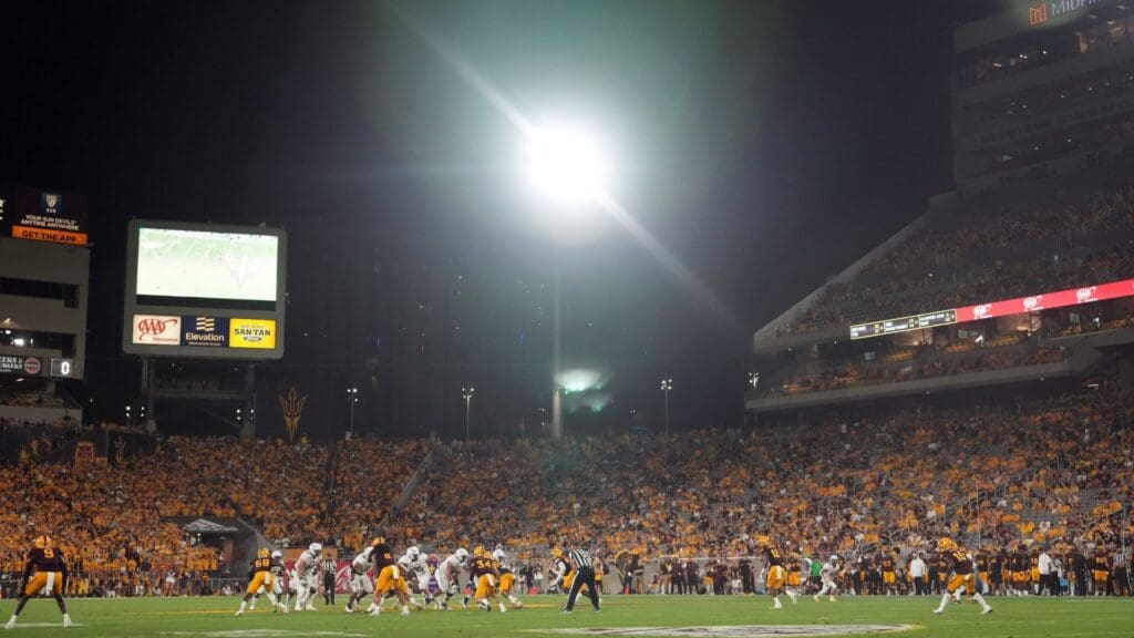 Sep 1, 2022; Tempe, Arizona, USA; A general view of game action between the Arizona State Sun Devils and the Northern Arizona Lumberjacks during the first half at Sun Devil Stadium.