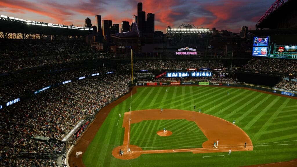 Aug 3, 2024; Seattle, Washington, USA; General view of T-Mobile Park at sunset during the seventh inning of a game between the Philadelphia Phillies and Seattle Mariners .