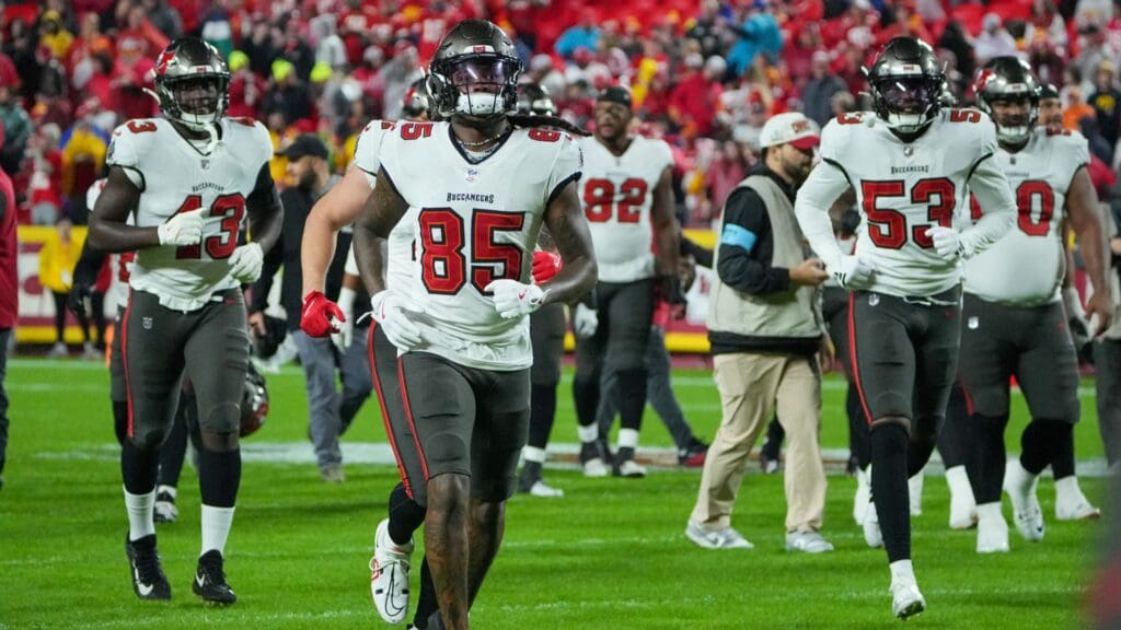 Nov 4, 2024; Kansas City, Missouri, USA; Tampa Bay Buccaneers wide receiver Marquez Callaway (85) and team mates take the field against the Kansas City Chiefs prior to a game at GEHA Field at Arrowhead Stadium.