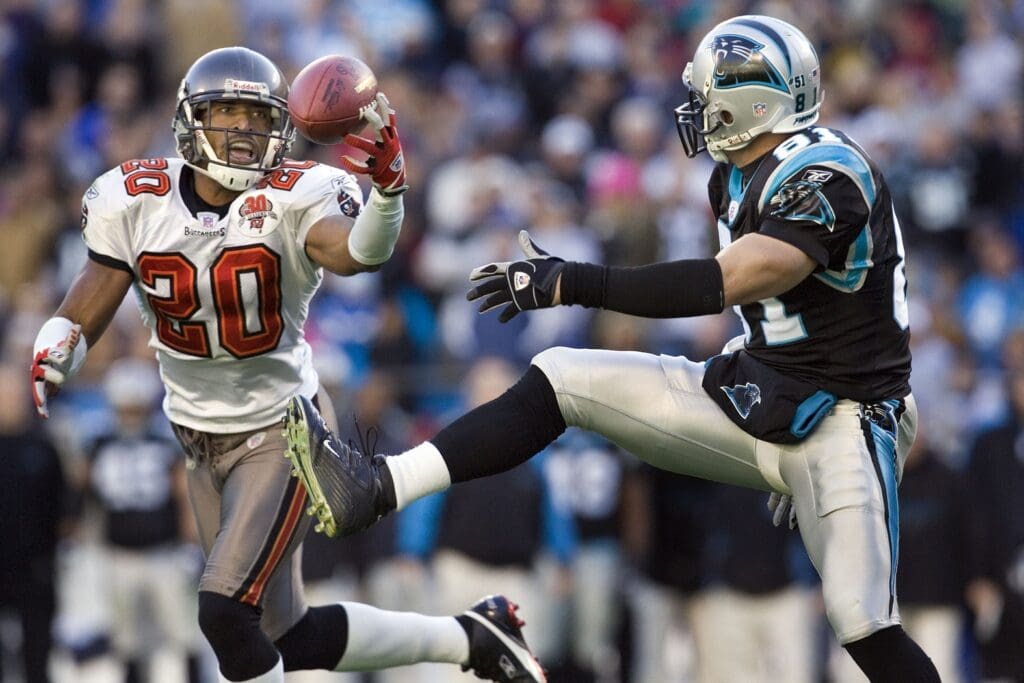 December 11, 2005; Charlotte, NC, USA; Tampa Bay Buccaneers cornerback (20) Ronde Barber intercepts a pass on the goal line intended for Carolina Panthers wide receiver (81) Ricky Proehl. Tampa Bay defeated the Panthers 20-10 at Bank of America Stadium.