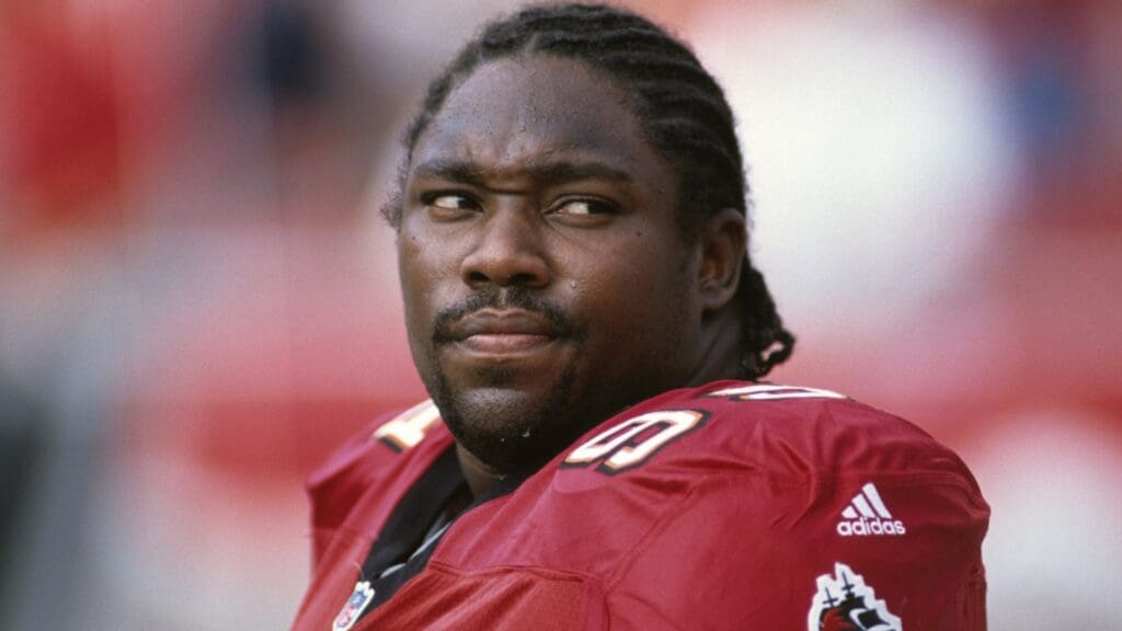 Nov 1, 1998; Tampa, FL, USA; FILE PHOTO; Tampa Bay Buccaneers defensive tackle Warren Sapp (99) on the bench against the Minnesota Vikings at Raymond James Stadium.