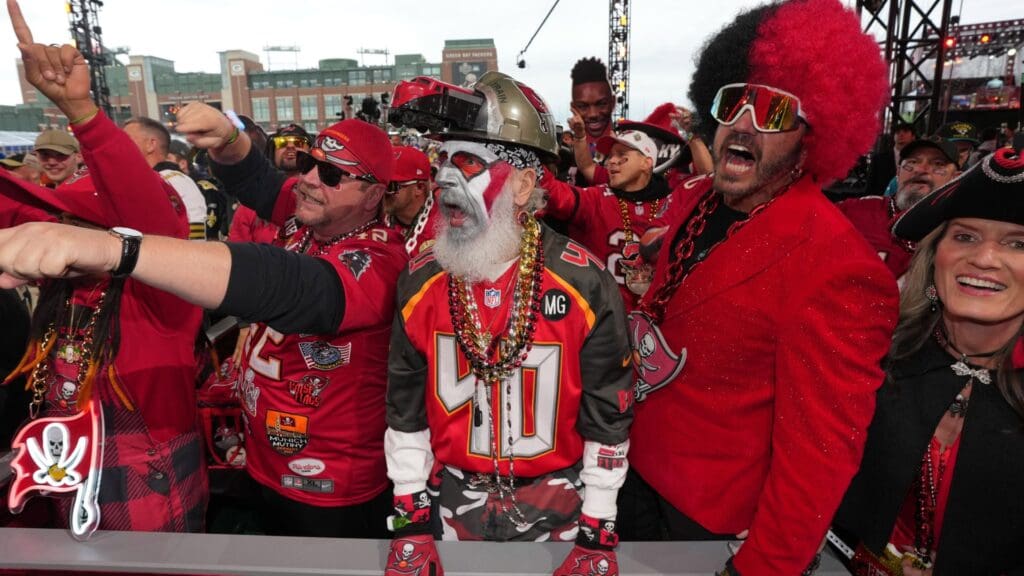 Apr 24, 2025; Green Bay, WI, USA; Tampa Bay Buccaneers fans cheer before the first round of the 2025 NFL Draft at Lambeau Field.