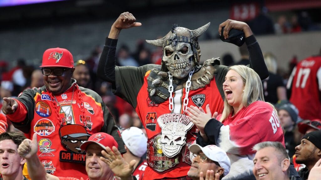 Nov 24, 2019; Atlanta, GA, USA; Tampa Bay Buccaneers fans celebrate in the second half of the Tampa Bay Buccaneers' game against the Atlanta Falcons at Mercedes-Benz Stadium.