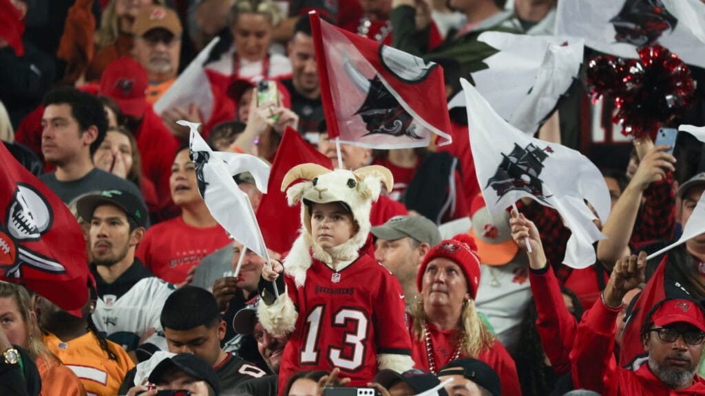 Jan 15, 2024; Tampa, Florida, USA; Tampa Bay Buccaneers fans cheer on during the first half of a 2024 NFC wild card game against the Philadelphia Eagles at Raymond James Stadium.