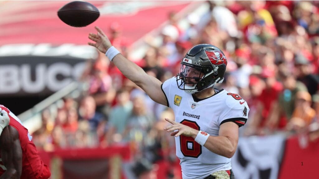 Nov 10, 2024; Tampa, Florida, USA; Tampa Bay Buccaneers quarterback Baker Mayfield (6) throws the ball against the San Francisco 49ers during the first half at Raymond James Stadium.