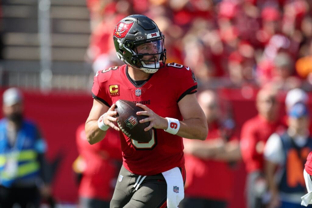 Dec 8, 2024; Tampa, Florida, USA; Tampa Bay Buccaneers quarterback Baker Mayfield (6) drops back to pass against the Las Vegas Raiders in the first quarter at Raymond James Stadium