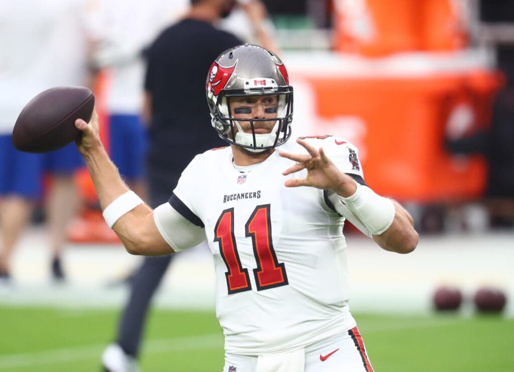 Oct 25, 2020; Paradise, Nevada, USA; Tampa Bay Buccaneers quarterback Blaine Gabbert (11) against the Las Vegas Raiders at Allegiant Stadium.