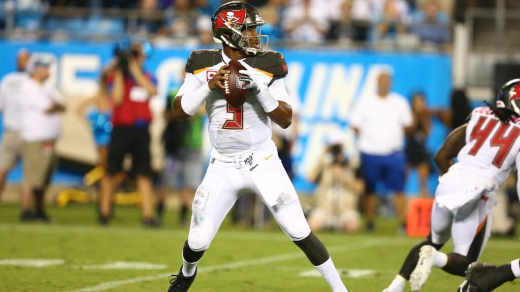 Sep 12, 2019; Charlotte, NC, USA; Tampa Bay Buccaneers quarterback Jameis Winston (3) drops back to pass against the Carolina Panthers during the second quarter at Bank of America Stadium.