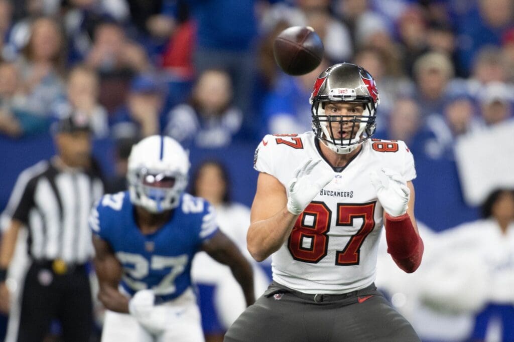 Nov 28, 2021; Indianapolis, Indiana, USA; Tampa Bay Buccaneers tight end Rob Gronkowski (87) catches a pass in the first half against the Indianapolis Colts at Lucas Oil Stadium.