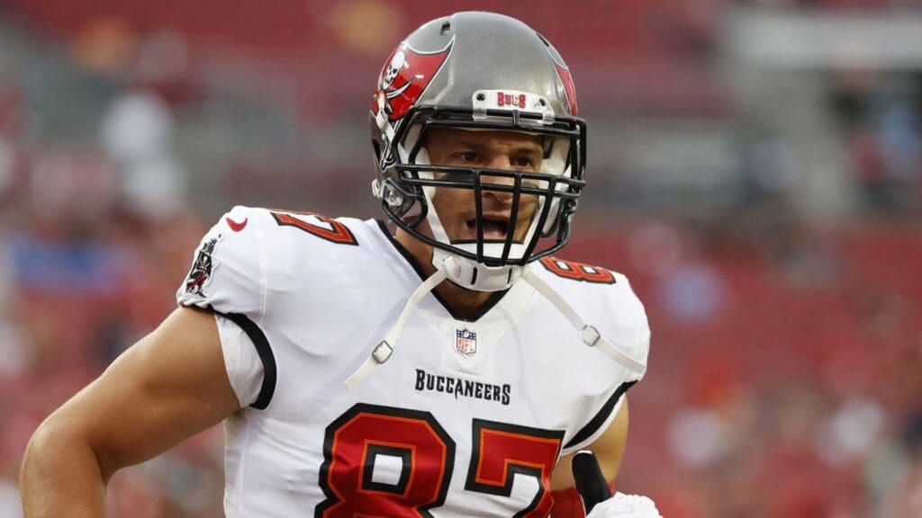Aug 14, 2021; Tampa, Florida, USA;Tampa Bay Buccaneers tight end Rob Gronkowski (87) works out prior to the game against the Cincinnati Bengals at Raymond James Stadium.