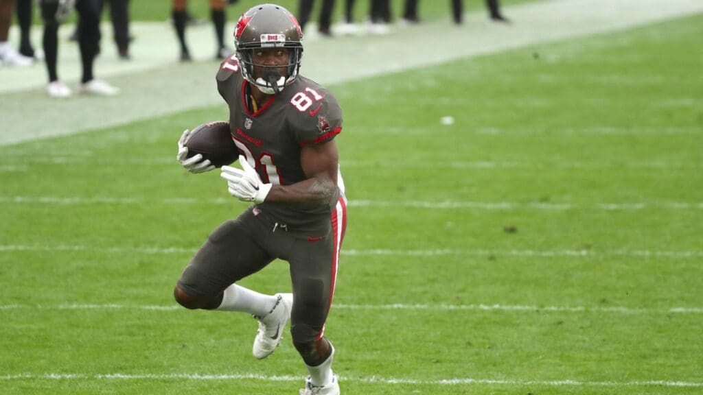 Jan 3, 2021; Tampa, Florida, USA; Tampa Bay Buccaneers wide receiver Antonio Brown (81) runs the ball in for a touchdown against the Atlanta Falcons during the second half at Raymond James Stadium.
