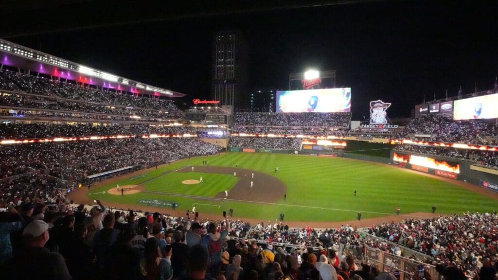 Oct 11, 2023; Minneapolis, Minnesota, USA; General view of the stadium in the eighth inning of the game between the Minnesota Twins and the Houston Astros during game four of the ALDS for the 2023 MLB playoffs at Target Field