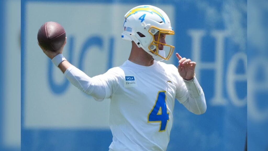 May 27, 2025; El Segundo, CA, USA; Los Angeles Chargers quarterback Taylor Heinicke (4) throws the ball during organized team activities at The Bolt.