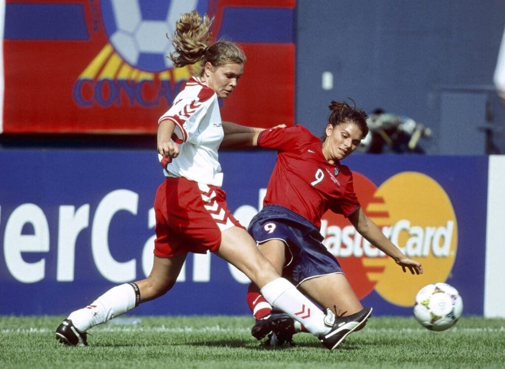 Jun 19,1999; USA; Team USA Womens Soccer forward (9) Mia Hamm in action against Denmark during the first round of the 1999 World Cup at Giants Stadium. USA defeated Denmark 3-0.