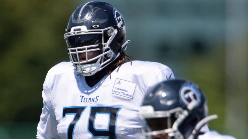 Aug 17, 2020; Nashville, TN, USA; Tennessee Titans offensive tackle Isaiah Wilson (79) watches during a training camp practice at Saint Thomas Sports Park Monday, Aug. 17, 2020 in Nashville, Tenn