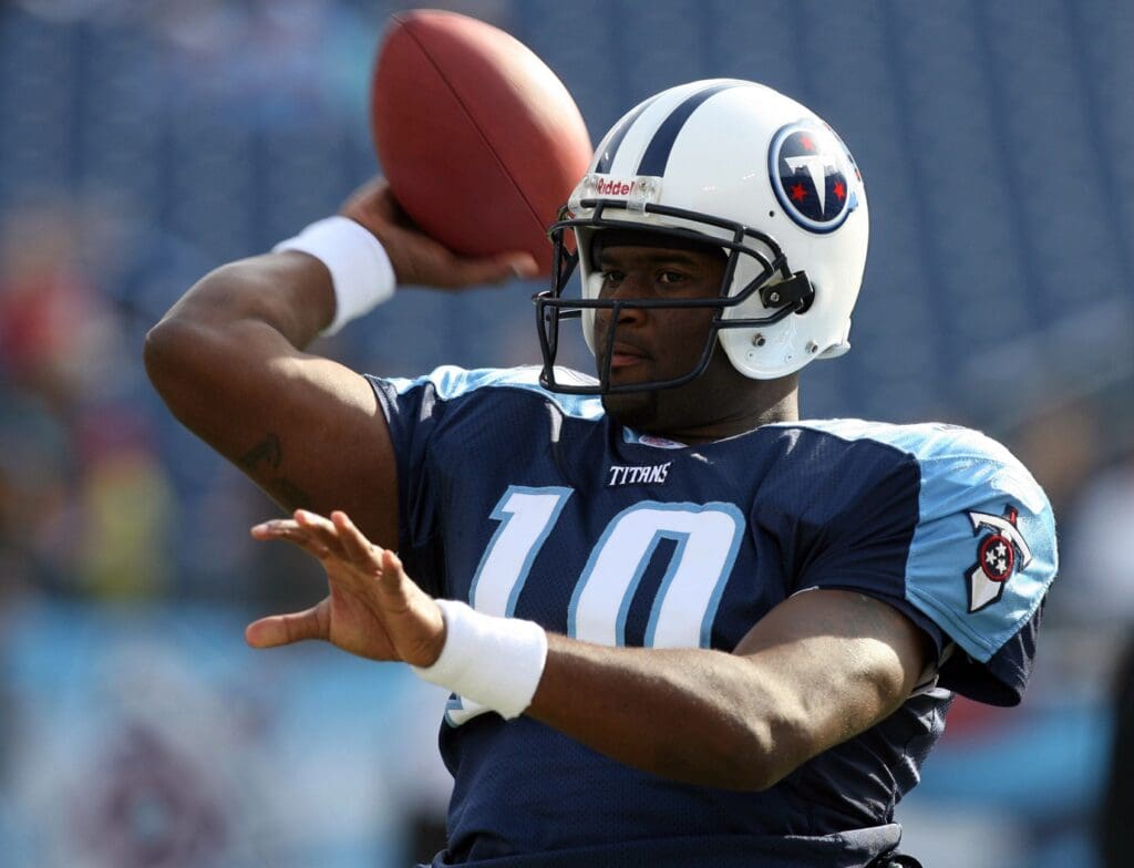 Dec 17, 2006; Nashville, TN, USA; Tennessee Titans quarterback (10) Vince Young warms up prior to kickoff against the Jacksonville Jaguars at LP Field