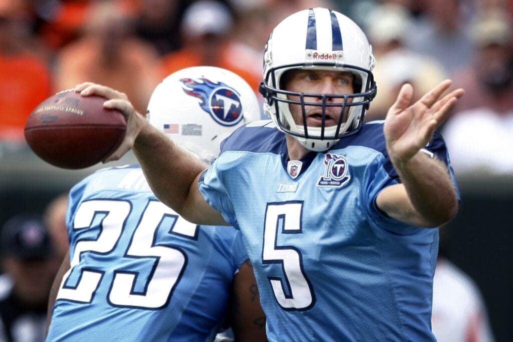 5 Kerry Collins, QB (How many Titans have worn the number: 3) Here, Tennessee Titans quarterback Collins (5) throws a pass against the Cincinnati Bengals at Paul Brown Stadium Sept. 14, 2008 in Cincinnati, OH. 05 Kerry Collins
