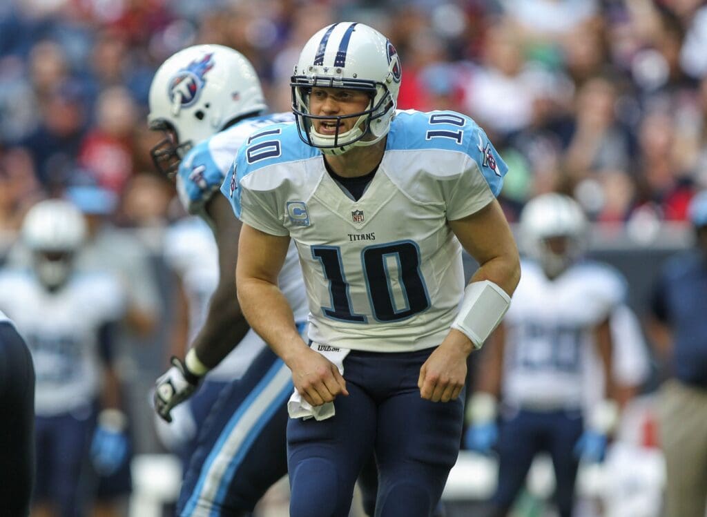 Nov 30, 2014; Houston, TX, USA; Tennessee Titans quarterback Jake Locker (10) during the game against the Houston Texans at NRG Stadium