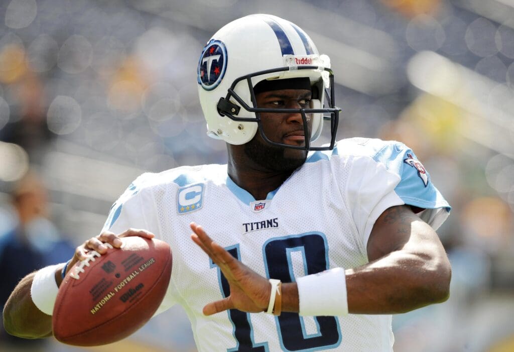 October 24, 2010; San Diego, CA, USA; Tennessee Titans quarterback Vince Young (10) prior to the game against the San Diego Chargers at Qualcomm Stadium.
